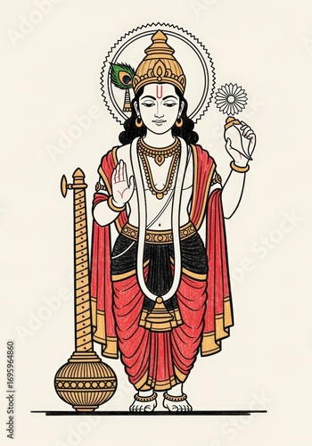 Lord krishna playing the flute, a divine hindu deity, isolated on white background