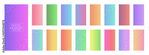 Pastel gradient swatches set. Bright vertical gradients in pink, blue, green, yellow, and orange tones. Soft colorful transitions for modern backgrounds, web, UI, graphic design. Vector illustration.