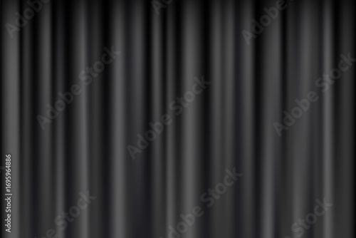 Black theater curtain background. Closed vertical stage drapes with soft shadows and silky folds. Classic backdrop for presentations, drama scenes, show announcements. Realistic vector banner.
