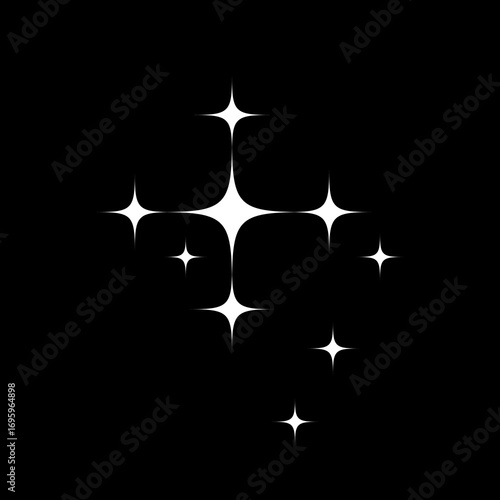White star halftone pattern. Abstract burst of glowing sparkle shapes on black background. Retro dotted star cluster design for comics, pop art, or decorative effects. Vector illustration.