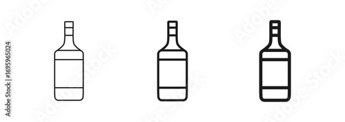 Vector icon of a glass bottle ideal for wine, whiskey, spirits, or liquor packaging. Perfect for use in bar, restaurant, beverage branding, alcohol design. Thin, regular, and bold outline styles