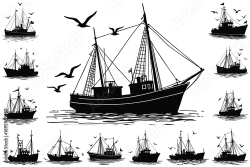 Multiple fishing boats and seagulls in silhouette ship
