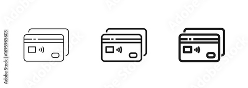 Vector icon of credit or debit card with contactless payment symbol. Different outline styles. Cashless transactions, banking, digital wallets and secure electronic payments for e-commerce and finance