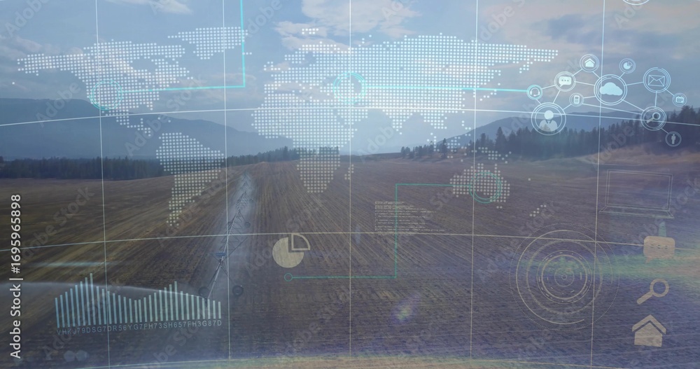 Fototapeta premium Displaying plowed field bisected by dirt track at forest edge, with HUD overlays, network elements
