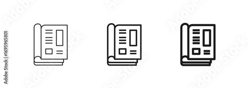 Vector icon of a newspaper or magazine, representing news, media, journalism, and publication. Thin, regular, and bold outline styles. Perfect for apps, websites, ui ux design. Isolated on white