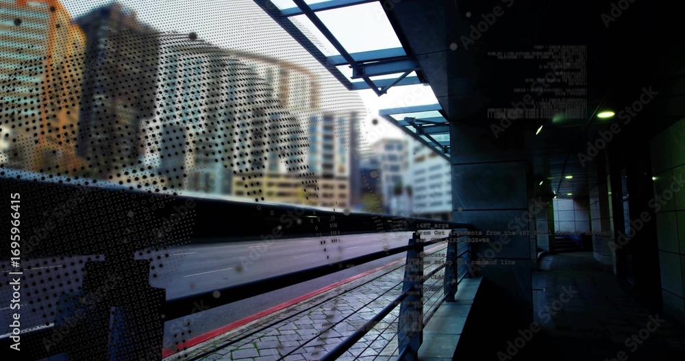 Obraz premium Speeding commuter train blurring across modern urban rail platform, with perforated safety screen