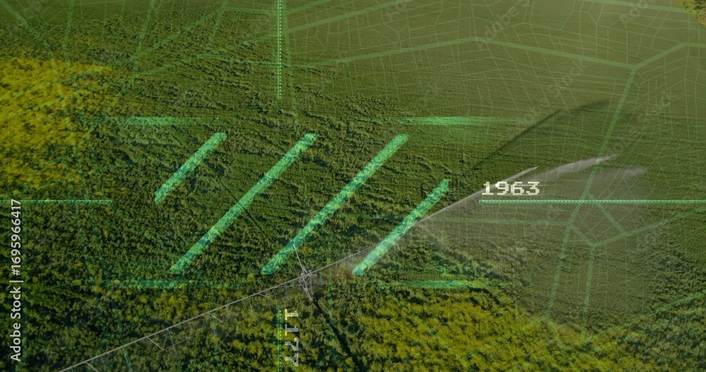 Fototapeta premium Turquoise bars overlaying forest canopy from above, green grid, map linework and numeric label 1963