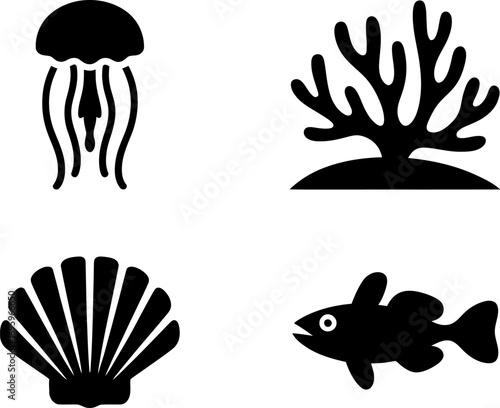Simple black icons of marine life including a jellyfish, coral, seashell, and fish.