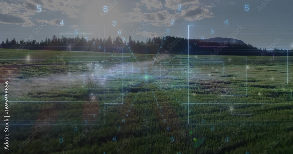 Fototapeta premium Displaying grassland stretching toward conifer forest and distant hill at meadow, with HUD elements