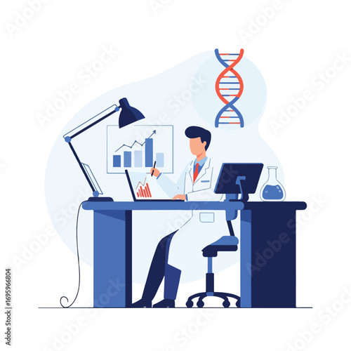 Scientist in a lab coat working on a computer analyzing data.