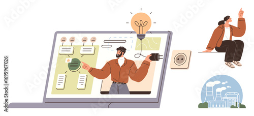 Laptop displaying expert explaining energy concepts, flowcharts, light bulb, and plug. Person reflecting, power stations. Ideal for energy saving, education, technology brainstorming
