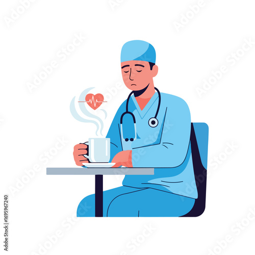Tired male doctor in blue scrubs taking a coffee break.