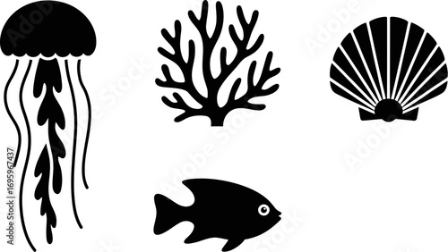 Simple black silhouettes of marine life including a jellyfish, coral, fish, and shell.