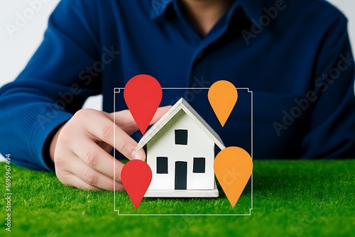 Person placing model house on green grass with location markers; real estate, property search, home buying concept.