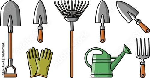 Collection of essential gardening tools for planting and maintenance