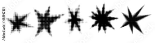 Set of abstract halftone gradient playful shape. Retro spiked circle stickers. Bursting explosion star in retro style