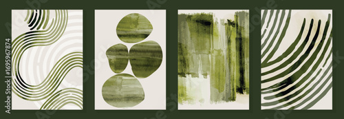 Abstract wall art vector set. Natural and organic shape with green watercolor texture in earth tone colors. Illustration design for Eco packaging, interior, cover, wall art, wallpaper.
