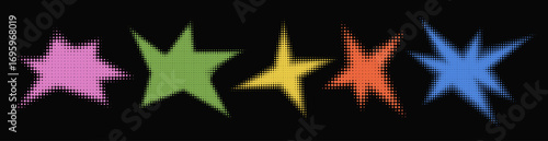 Set of abstract halftone multicolor textured shape. Retro gradient spiked circle stickers. Bursting explosion star.