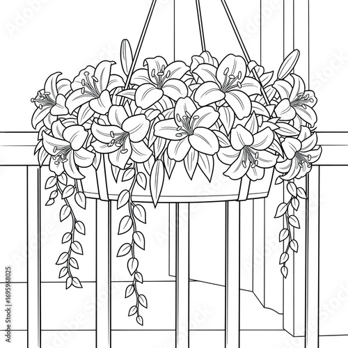Hanging basket vector illustration with blooming lilies and trailing leaves suspended from hooks on a balcony railing creating a decorative floral arrangement for outdoor design use