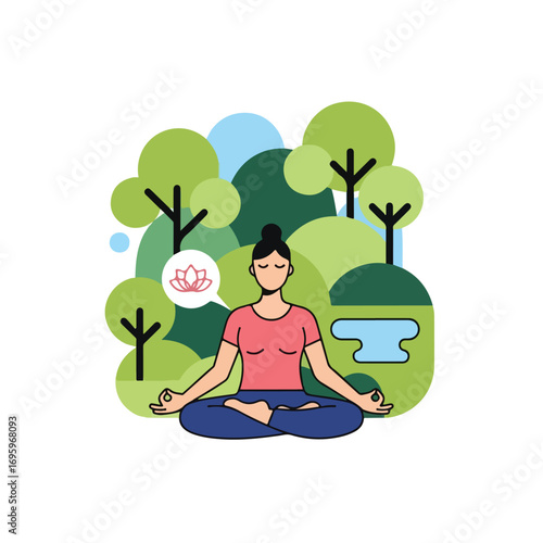Woman meditating in lotus position for mindfulness and relaxation.