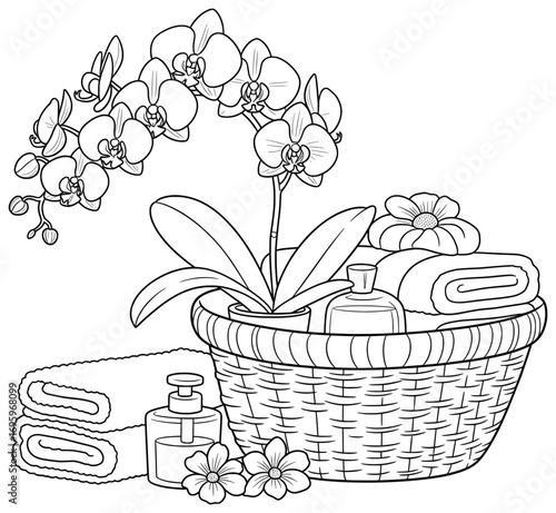 Orchid vector illustration with blooming flowers arranged in a spa basket filled with towels bottles and decorative elements designed for beauty wellness and relaxation themes