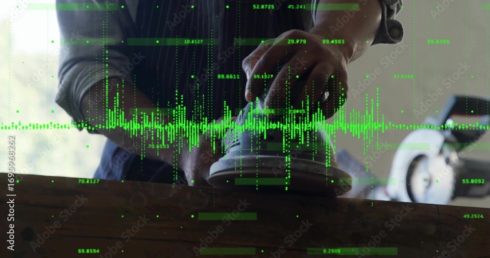 Fototapeta premium Sanding wood, woodworker wearing apron guiding orbital sander at workshop, with waveform overlay