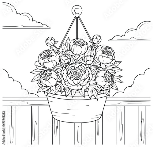 Peony vector illustration with blooming flowers arranged in a hanging basket suspended from a railing against a backdrop of sky and clouds as decorative outdoor floral design