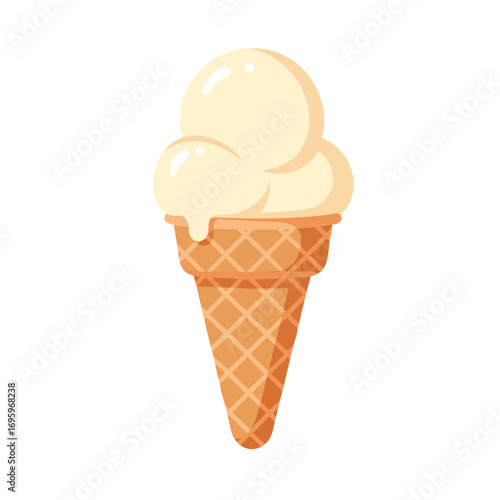 A scoop of vanilla ice cream with a chocolate drizzle melts on a waffle cone