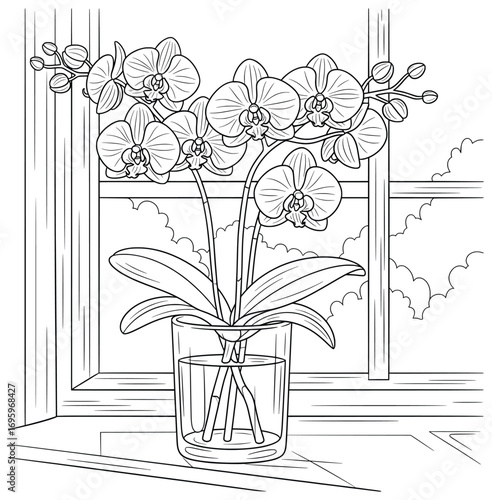 Orchid vector illustration with blooming flowers arranged in a clear glass vase placed on a windowsill with a scenic outdoor view as an elegant decorative interior design