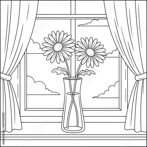 Daisy vector illustration with blooming flowers placed in a tall glass vase on a windowsill framed by curtains and a scenic outdoor view as a decorative interior floral design