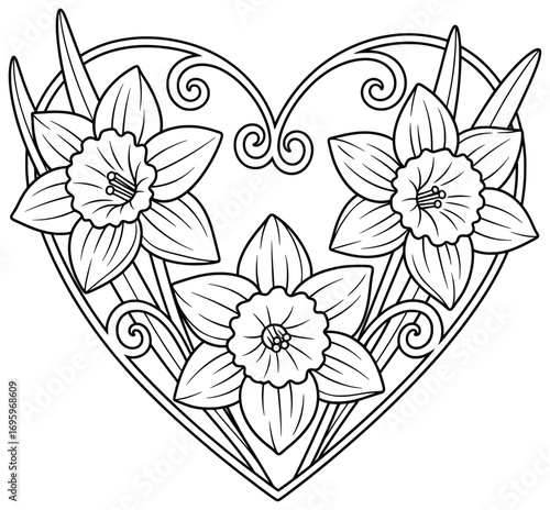 Daffodil illustration arranged in a decorative heart frame design with three blooming flowers and elegant swirls in a detailed black and white vector style