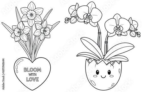 Flower illustration featuring a daffodil bouquet rising from a heart with text and an orchid growing in a decorative egg shaped pot in black and white vector style