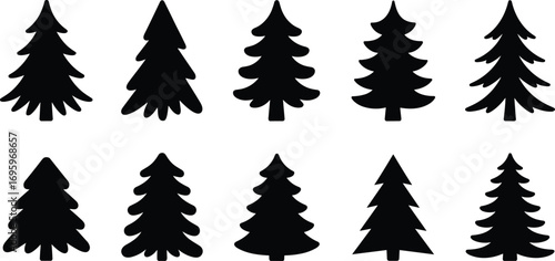 Evergreen pine tree silhouettes, flat vector illustration, conifer tree collection, black graphic icons, minimal forest shapes, nature design elements pack