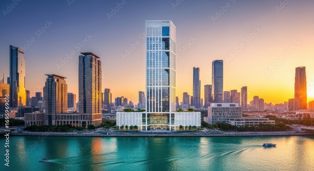 Obraz premium Modern Cityscape at Sunset with Skyscrapers and River