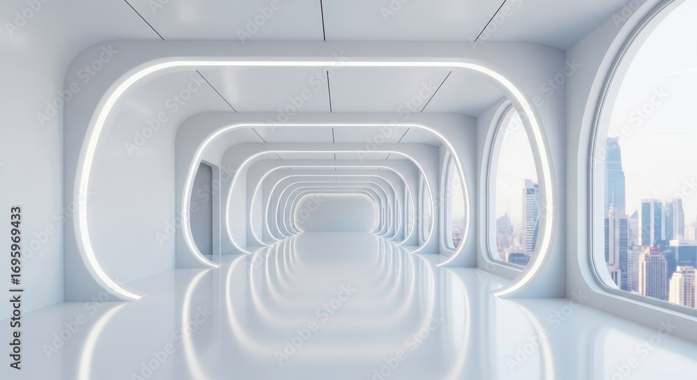 Naklejka premium Modern Futuristic Interior Design with City View