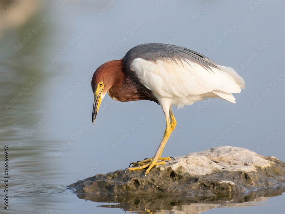 Obraz premium Colorful Waterbird Standing on Rock in Water and Looking Down at Surface