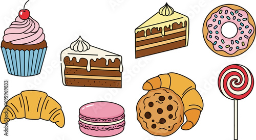 A delightful assortment of sweet treats including cupcakes, cake slices, donuts, croissants, macarons, cookies, and lollipops.