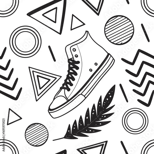 Modern seamless pattern with geometric shapes, a sneaker, and a leaf offering a stylish, bold, and contemporary design that adds flair to any project