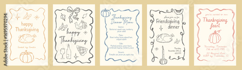 Thanksgiving invitation with turkey, pumpkin and festive autumn dinner feast elements. Holiday menu, harvest food celebration and Friendsgiving party card design. Flat vector illustration.