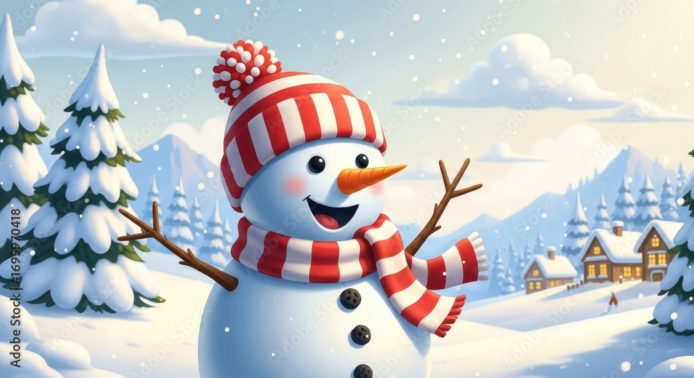 Fototapeta premium Happy Snowman in Winter Wonderland - Christmas Illustration