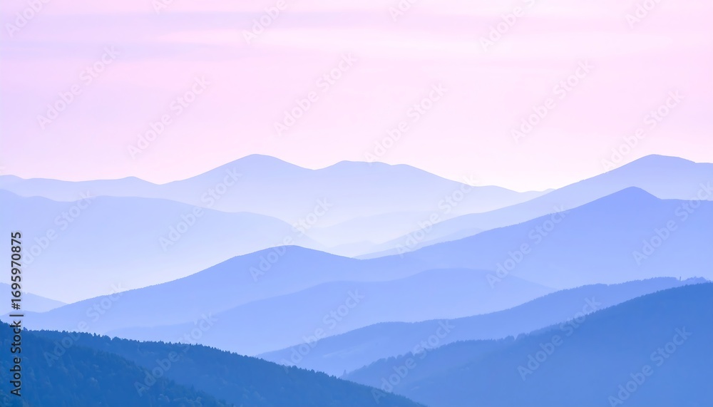Obraz premium Pale blue mountain ranges fade into the soft pastel sky at dawn or dusk.