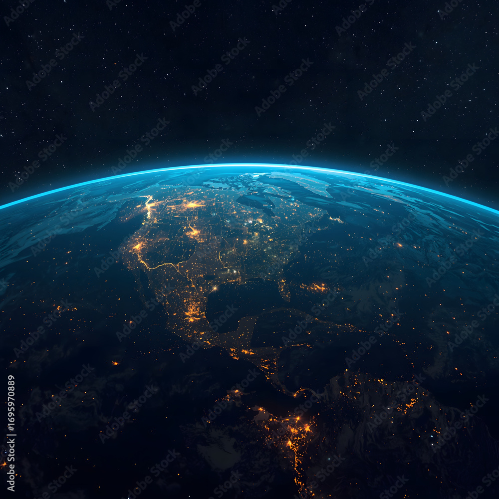 Obraz premium A luminous blue sphere, our world, floats in the black expanse of space, bathed in the distant light of the sun and surrounded by a veil of stars