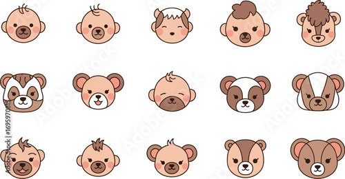 Collection of adorable cartoon baby faces and bear cubs with various expressions