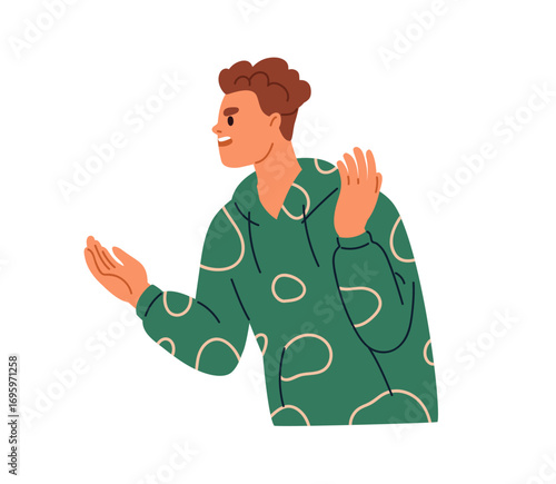 Angry man arguing, shouting, complaining. Frustrated irritated furious male, annoyed dissatisfied expression, gesturing with hands in conflict. Flat vector illustration isolated on white background