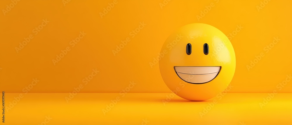 Fototapeta premium Bright yellow smiley face ball with cheerful expression on vibrant yellow background, playful and fun mood, simple happy object design