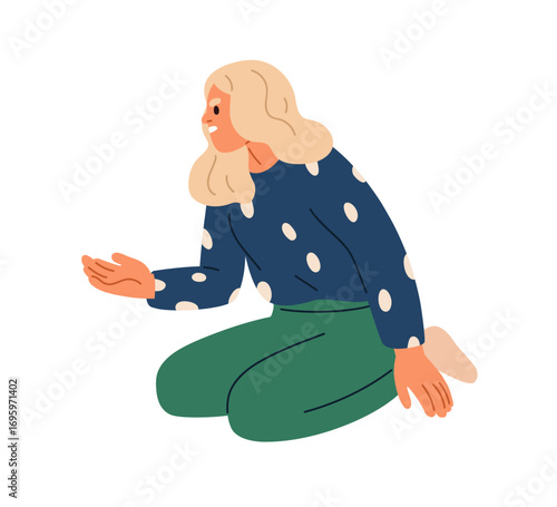 Upset desperate woman begging, stretching hand. Frustrated troubled female in despair, problem, sitting on floor, reaching out palm, pleading. Flat vector illustration isolated on white background