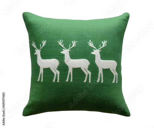 A decorative green sequined throw pillow featuring a repeating pattern of three white reindeer silhouettes, perfect for holiday or winter home decor, isolated on transparent background