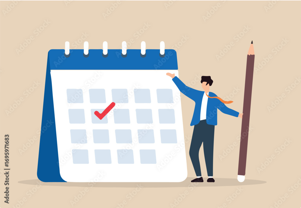 Tableau sur toile Flat illustration of businessman hold pencil marks important date on calendar re