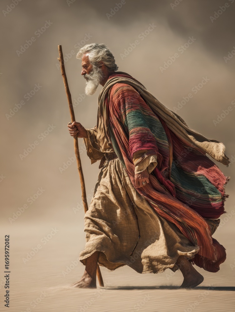 Obraz premium Wise old eastern man with staff walking across desert. Biblical prophet or apostle concept. Ancient Moses in a spiritual journey.