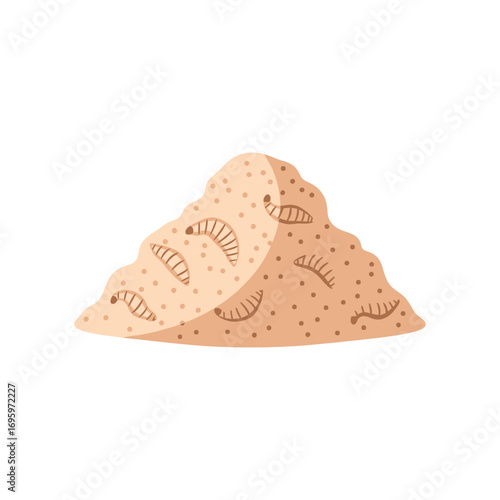 A stylized illustration of a pile of sand with worm-like creatures crawling on and within it.